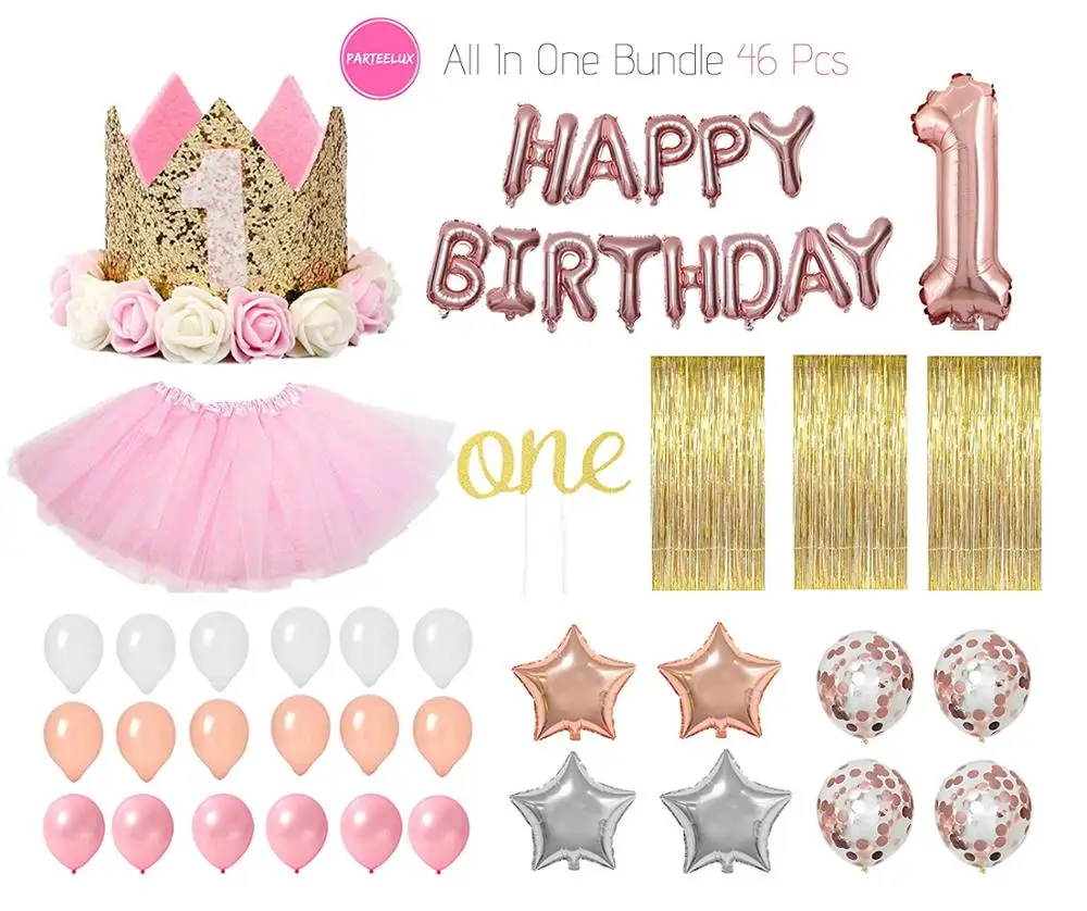 1st Birthday Decorations Girl 46 Pcs Bundle  Birthday Crown  1 Year Old Tutu  Rose Gold Theme One Cake Topper