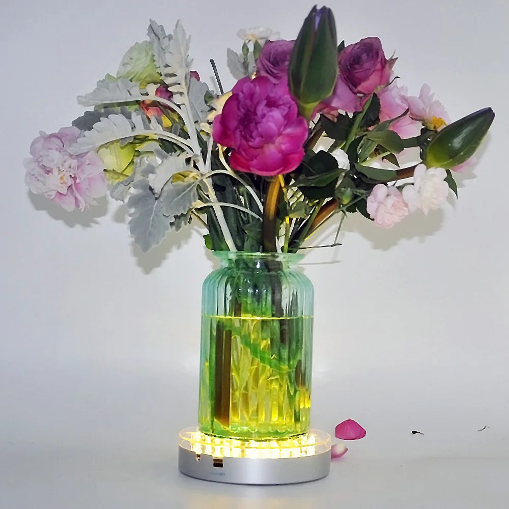 Wedding Centerpiece Tall Glass Vase Decoration 6inch LED Light Base with White 31 Led Wedding Led Up lighting