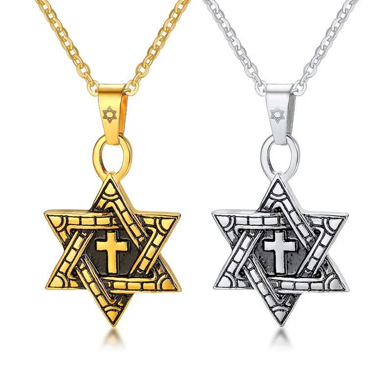 YK Wholesale Jewelry Quality Six Point Star Pendant Stainless Steel Cross Gold Plated Necklace
