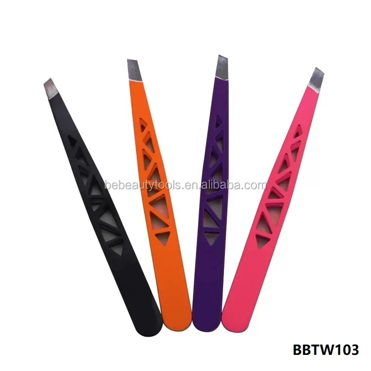 Grooming cosmetic stainless steel carved grip slant tip eyebrow hair trimming tweezer false lashes extension tweezers