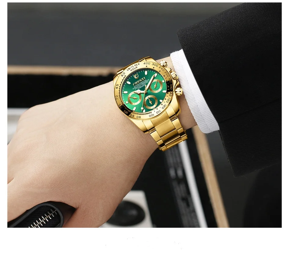 Custom 5 ATM Waterproof Wrist Watch Gold Color Men Luxury Watch Chronograph