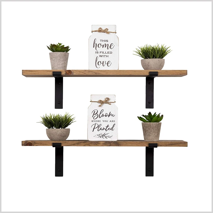 Rustic Wood Floating Shelves Wall Mounted Book Flower Storage Shelf with L Brackets wood storage shelf spice rack