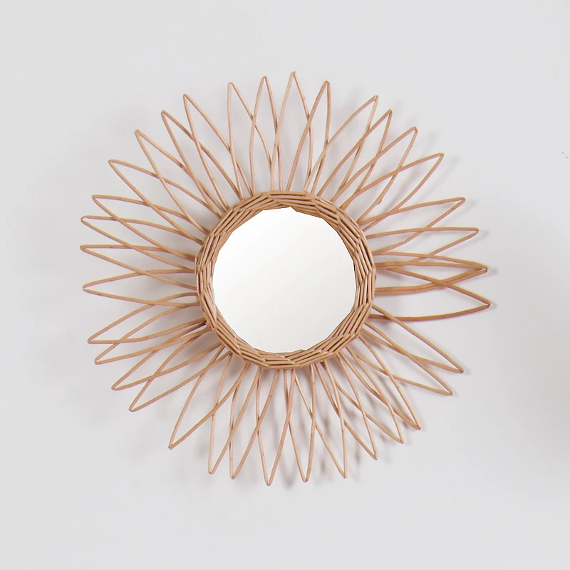 Hand Woven Craft Home Bedroom Sun Flower Round Decorative Wood Wicker Willow Frame Rattan Wall Mounted Mirror 5 Sets