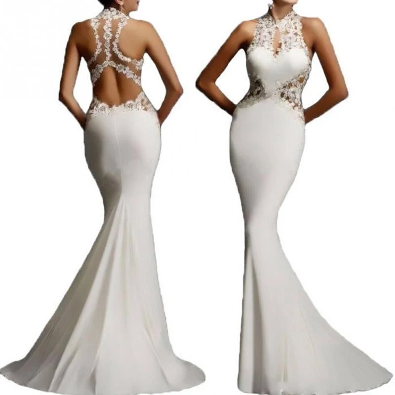 
Euramerican high-end fishtail lace evening dress sexy appliques sleeveless backless dress slim women long skirt 