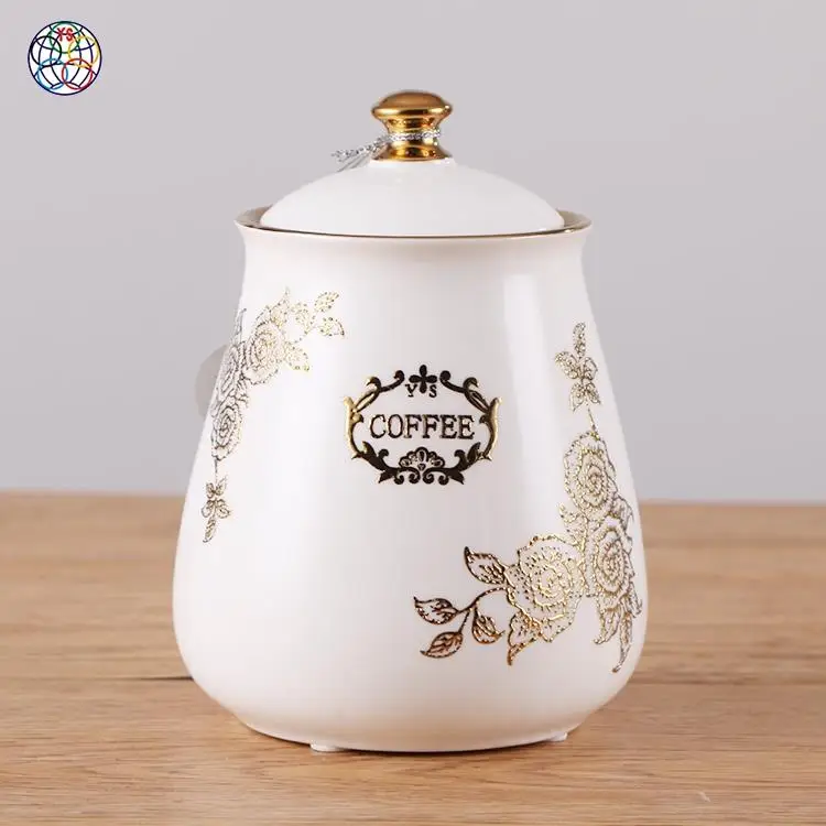 Exquisitely handmade health safety white gold color ceramic tea coffee sugar cookie jar to saving food