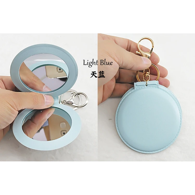 Wholesale In Stock Custom Logo PVC Leather Mirror Keychain Portable Pink Colour Pocket Mirror Keyring