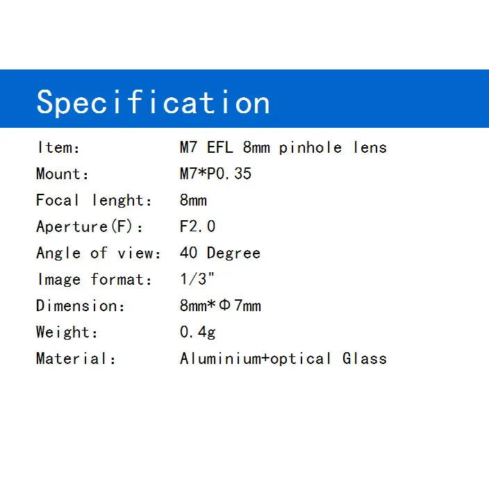 8mm M7*P0.35 mini camera board lens 40 degree work with ov5640 cmos camera lens with sharp pointed nose pinhole lens