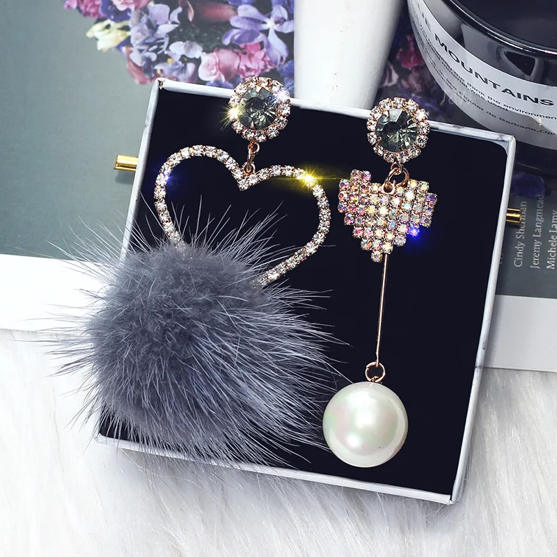 fashion crystal heart shaped drop earrings pom pom fur ball earrings Korean plush ball earrings