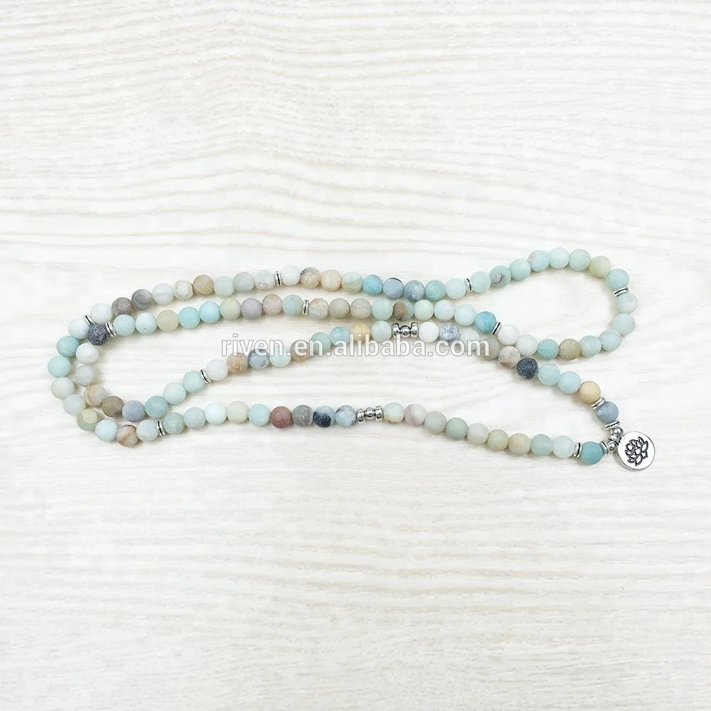 SN1142 8mm Frosted Matte Amazonite Prayer Beads Lotus Om Man 108 Amazonite Mala Beads Bracelet for Men