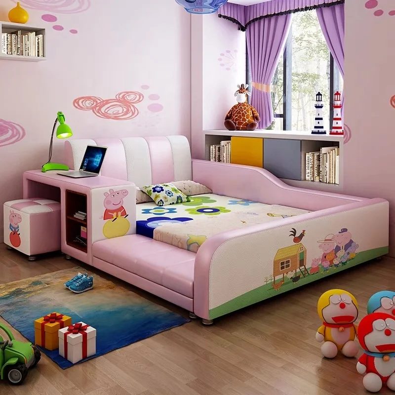 
leather bed kids cartoon bed with desk and chair Y49 