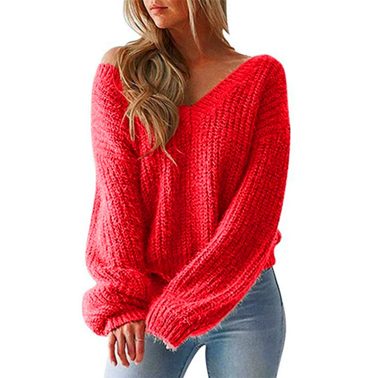 Осенне-зимняя женская одежда с глубоким v-образным вырезом и открытой спиной с однотонным свитером