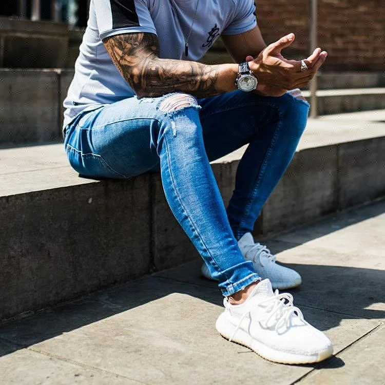 Royal wolf denim garment factory blue vintage acid wash destroyed hole slim jeans for men