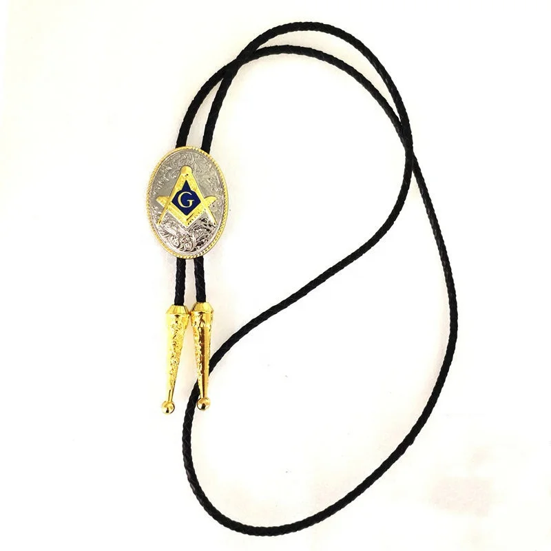 
Fashion accessories jewelry men leather string two tone metal custom engraved masonic jewelry bolo tie 