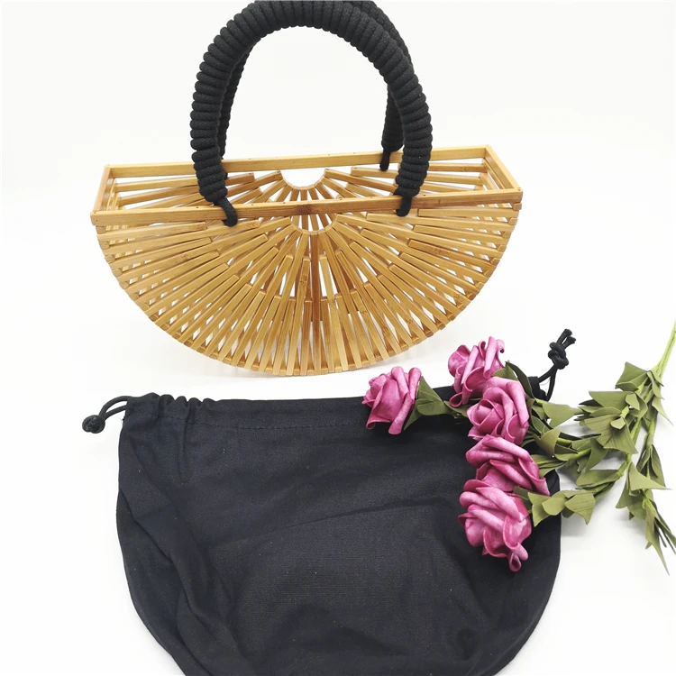 
Ins hot sale bamboo tote bag women beach shoulder half moon wood bamboo rattan handmade weave hollow out clutchbag 