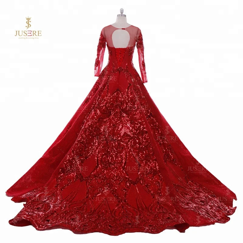 French Luxury Red Beaded Blingbling Long Sleeve muslin Evening Dress