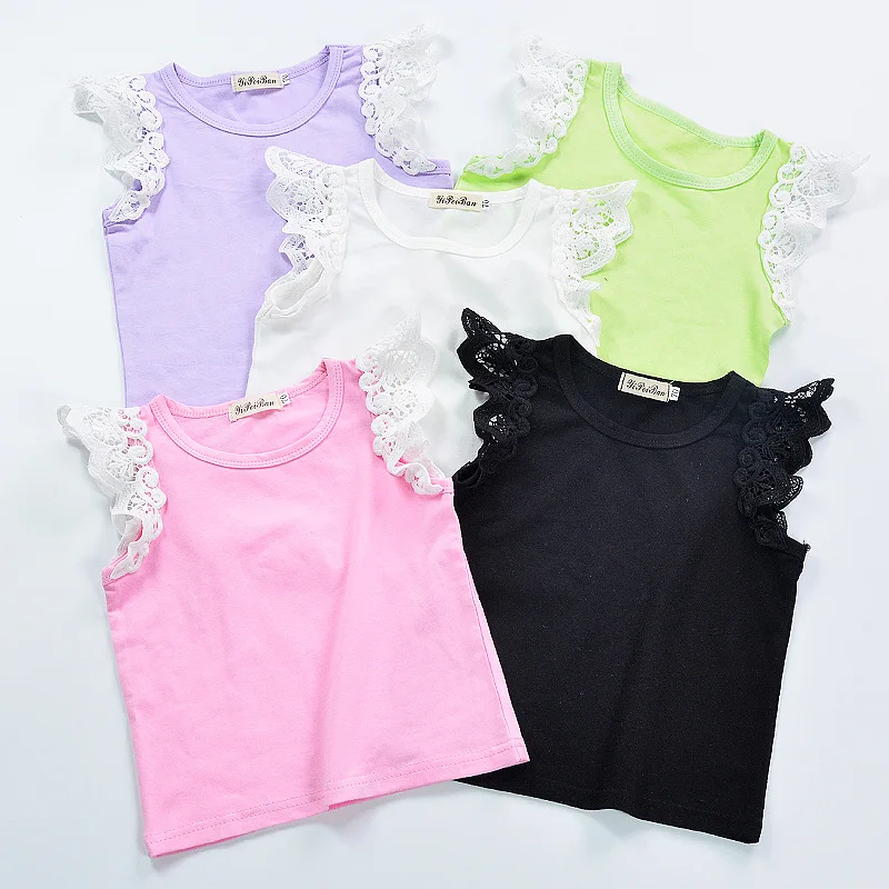 AM-025 Super cute solid cotton shirts for Toddler baby girls with lace flutter sleeve multi-colors boutique wholesale