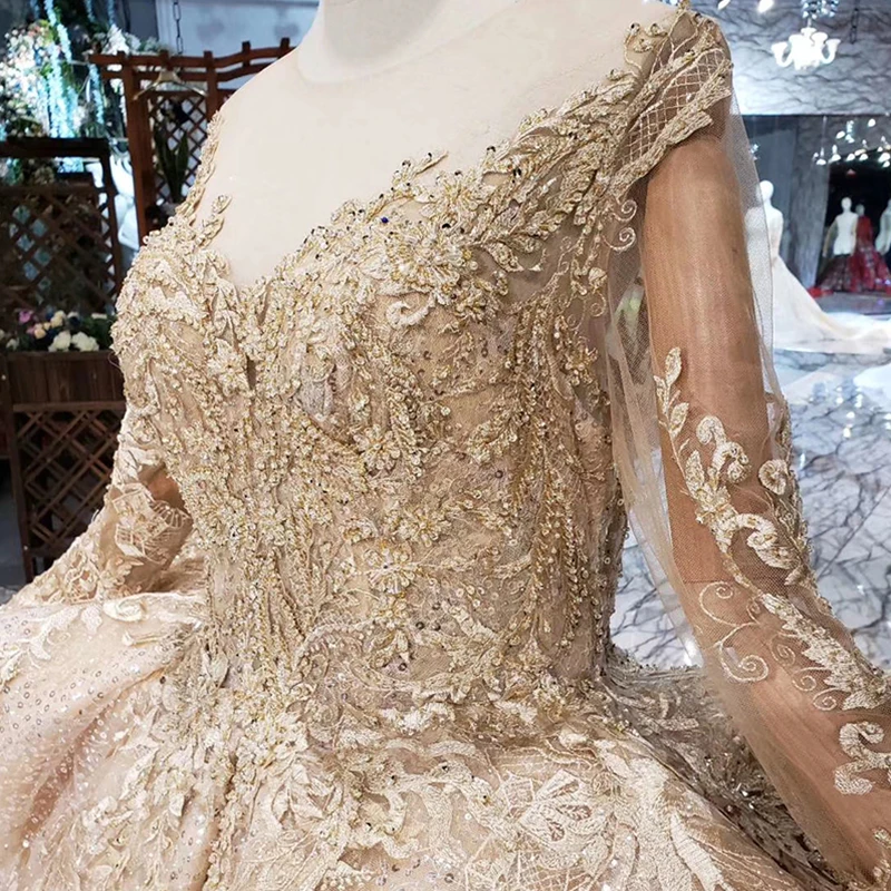 HTL151 gold illusion lace long sleeve gown sexy elegant bling bling evening dresses for women