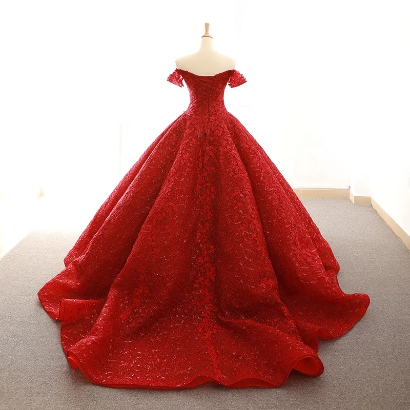 
Womens Luxury Lace Evening Dresses Dubai Puffy Ball Gown Off Shoulder V-Neck Prom Gown vestido de noche Pageant Dress 2019 