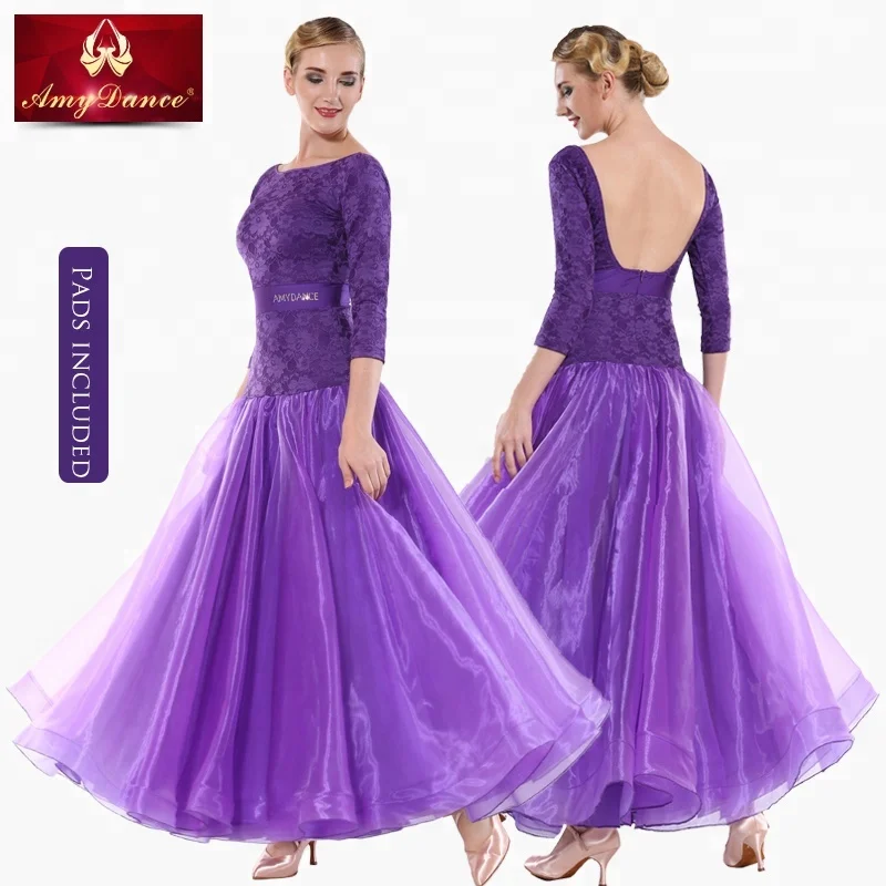Elegant backless large organza hem lace performing ballroom dance wear clothes adult women ballroom dance dress
