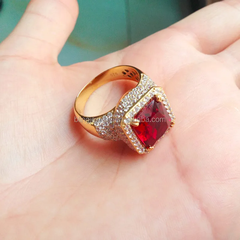 
Hip hop jewelry 18k gold iced out ruby ring designs for men 