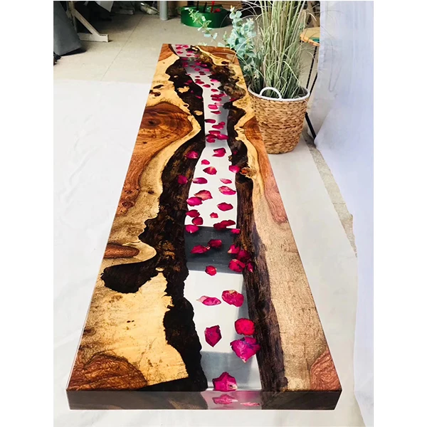 
The latest modern petals embedded transparent river epoxy resin conference table wooden restaurant table 