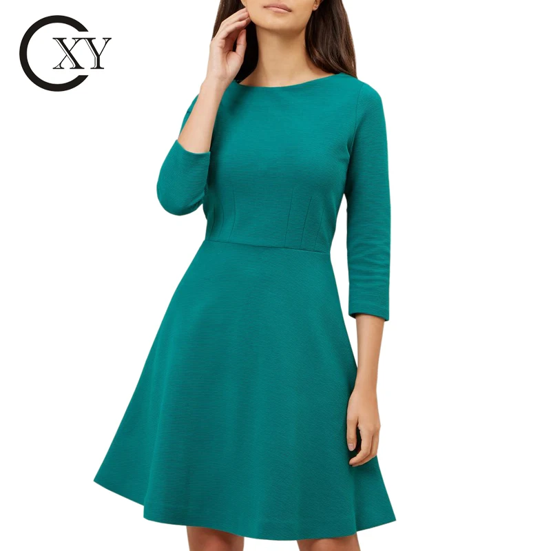 Custom Ladies High Quality Emerald Green 3/4 Sleeve Solid Skater Dress