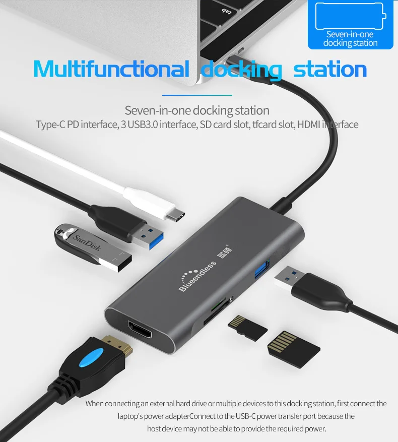 7 Port Type C MINI Hub With 4K Hdtv Port Type C Adapter 7 In 1 Usb C Hub For Laptops