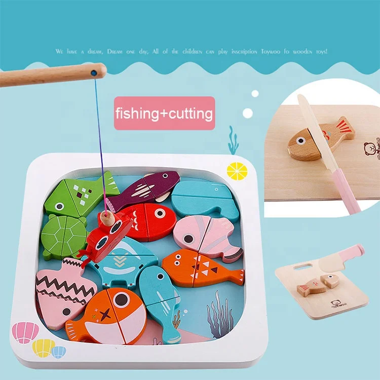 Multifunction Educational Cutting Fish Kids Wooden Ocean Fishing Game Magnets Toys