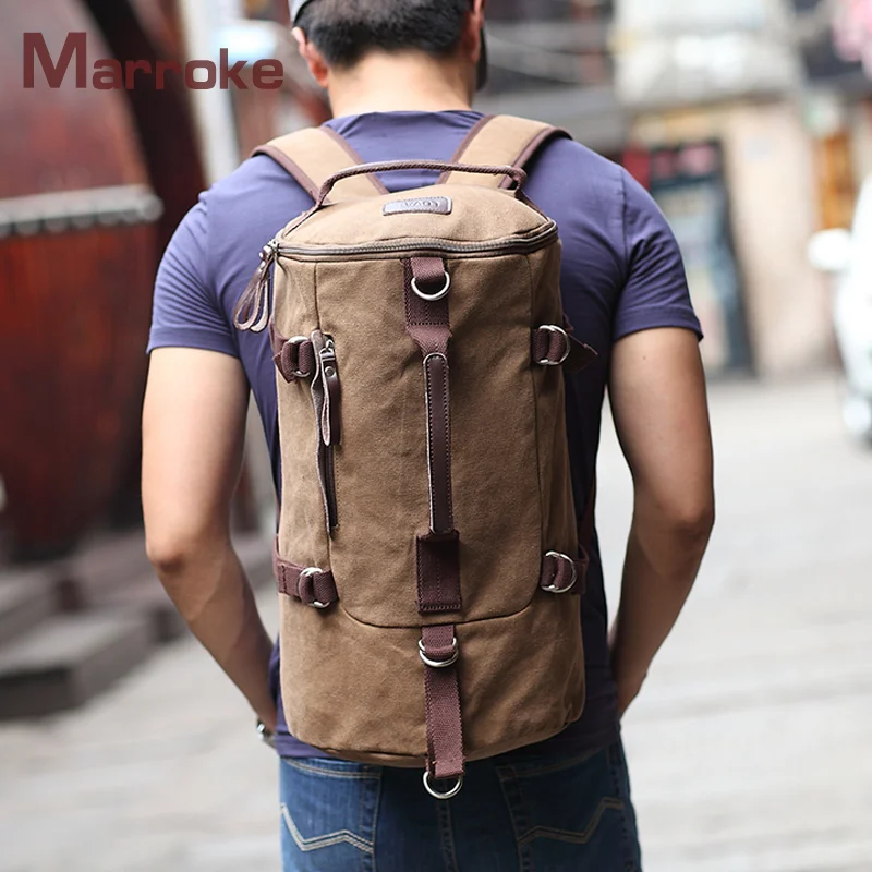 Marroke Outdoor Cylinder Shape Sport Cotton Canvas Waterproof Leisure Duffle Travel Backpack Bag