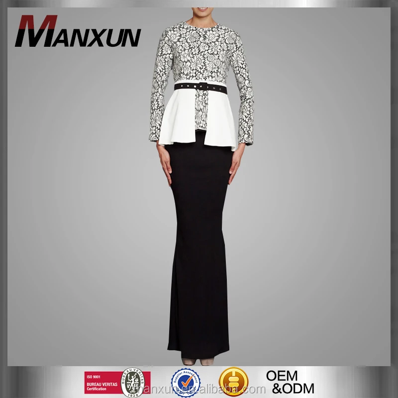 Modern Baju Kurung White Peplum with Lace Top Mermaid Cutting Skirt Belt Baju Kebaya