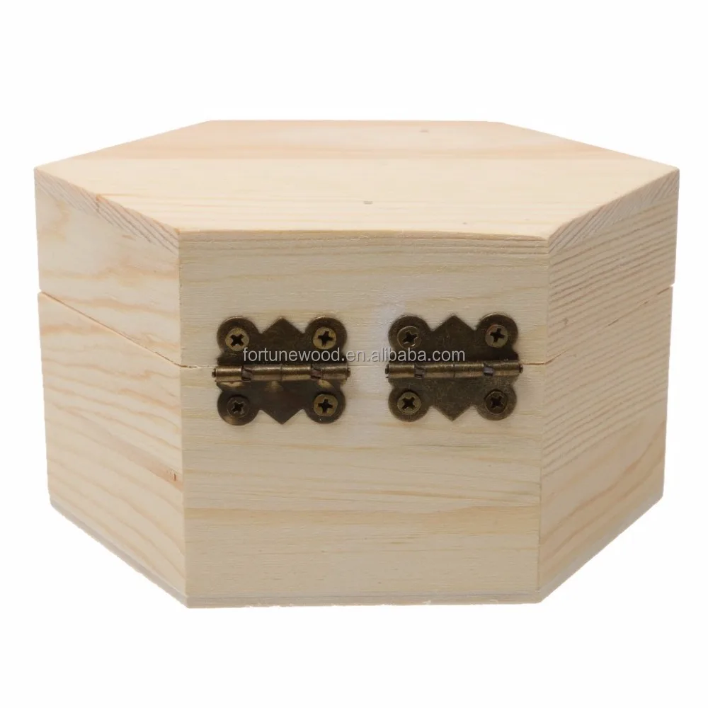 Plain Unfinished Box, Hexagon Unpainted Wooden Jewelry Box DIY Storage Chest Treasure Toy Case 13x 11x 7cm