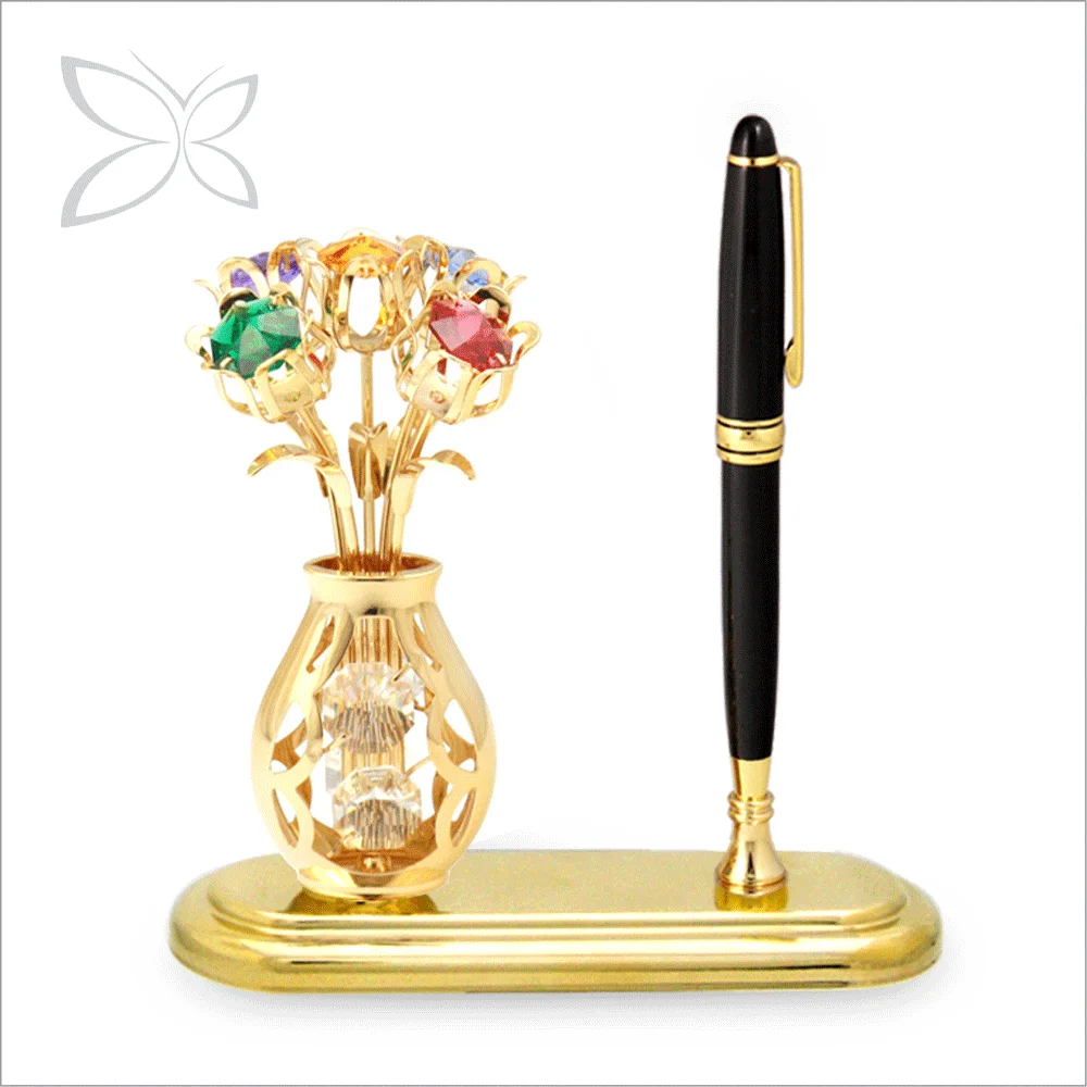 Customized Gold Plated Flower in Vase Figurine Decorated with Brilliant Cut Crystals Desktop Pen Holder