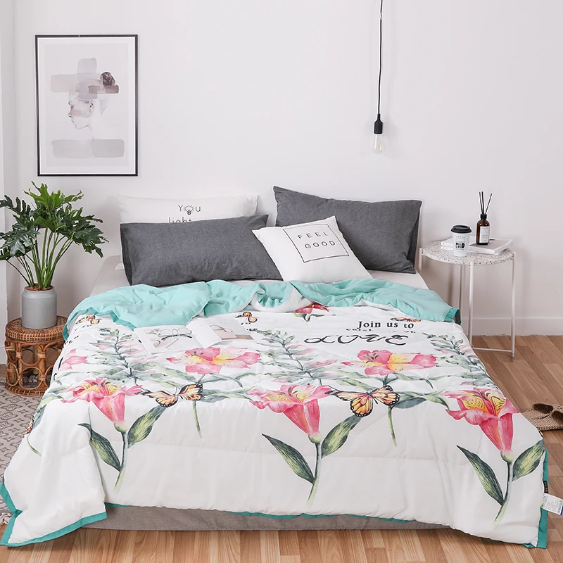 Летнее стеганое одеяло с цветочным принтом, моющееся тонкое стеганое постельное белье из полиэстера