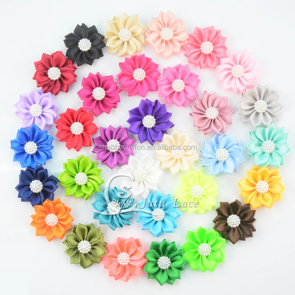 
High quality satin ribbon handmade flowers ,Pearls Center Flower In 4cm fabric sequined beaded flower 