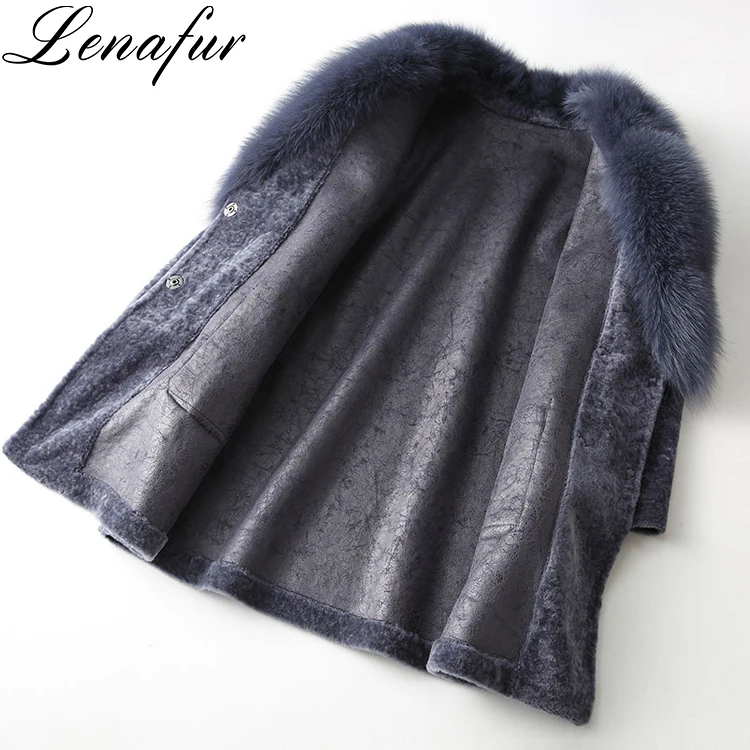 Women Winter Purple Loose Suede Liner Super Big Fox Fur Collar Double Faced Lamb Fur Leather Shearling Coat