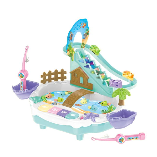 Multi-purpose battery operated slide track pool toy fishing game for kids play HC424591
