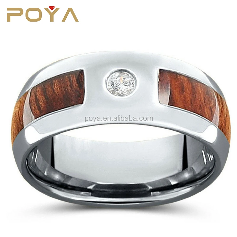 POYA Jewelry Wood Diamond Ring Crafted Out Of Tungsten Carbide - Genuine 0.02ct diamond Engagement Wedding Band
