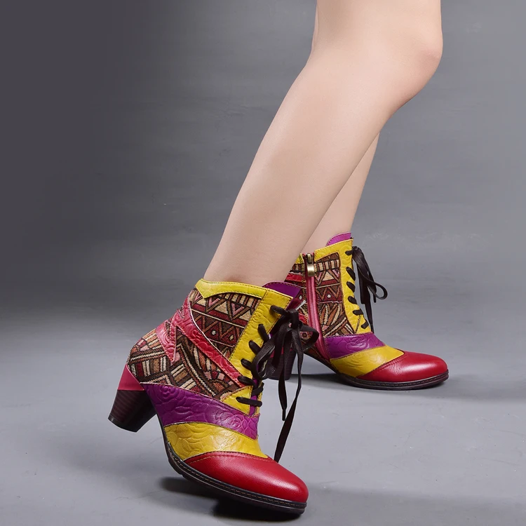 Women Retro Ankle Boot Cowhide Leather Handmade High Block Heels Lady Totem Boots Booties