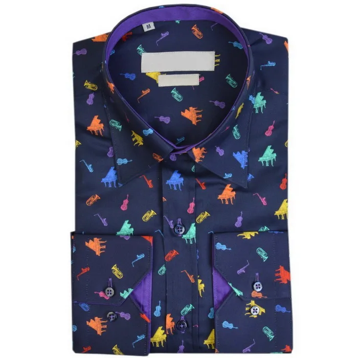 2021 New Arrive Hot-Selling  High Quality  Piano Guita Printed OEM Factory Long Sleeve Slim Shirts for Men