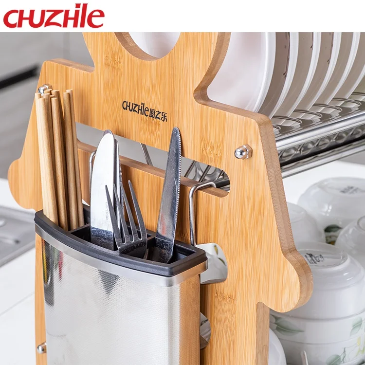 Simple 2 tier collapsible bamboo dish drying rack for kitchen drainer dish l3 Chuzhile