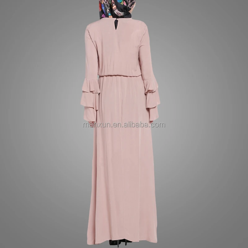 Удобное светло-розовое платье макси с длинными рукавами и рюшами, мусульманская одежда, исламский джилбаб, оптовая продажа в Китае, платье, платье