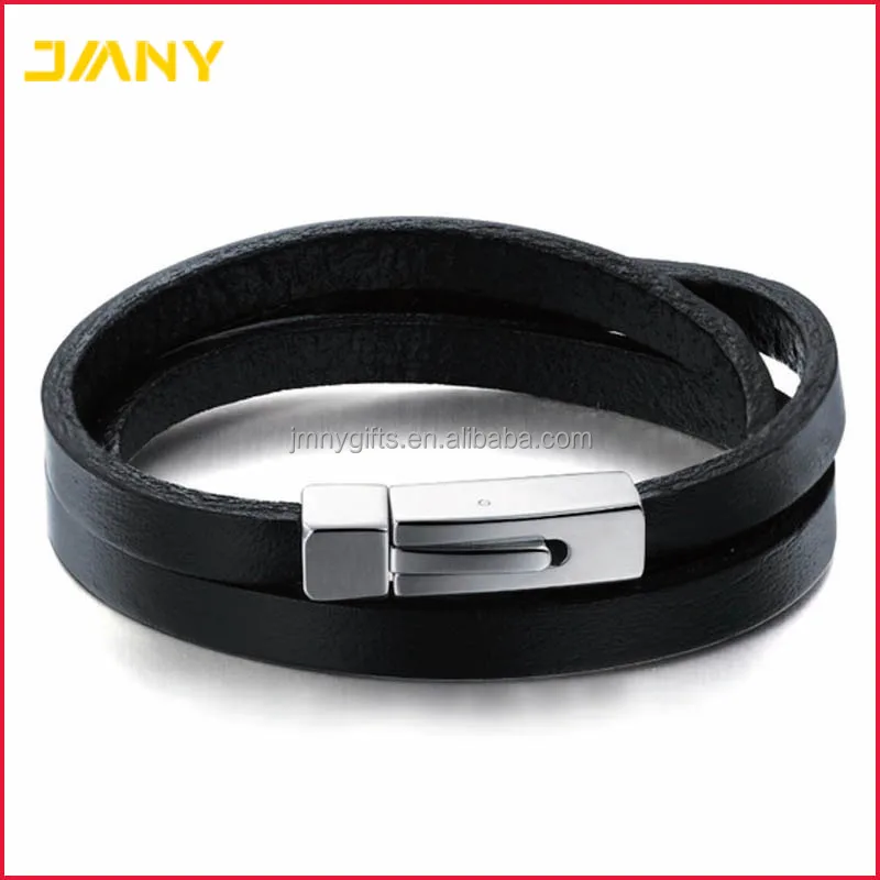 Пользовательский мужской черный браслет из нержавеющей стали и кожи