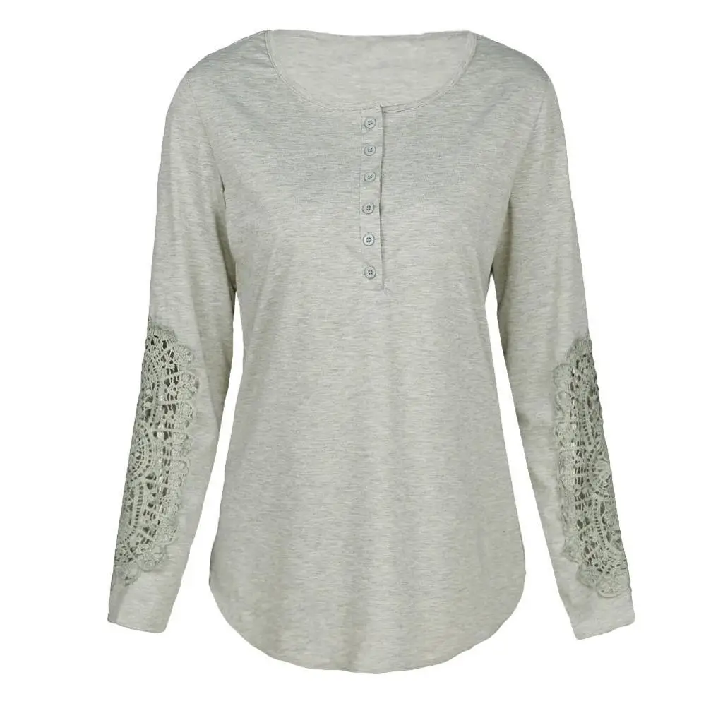 Sidiou Group Women Blouse Crochet Lace Splicing Long Sleeve Button Round Neck Hollow Solid T-Shirt