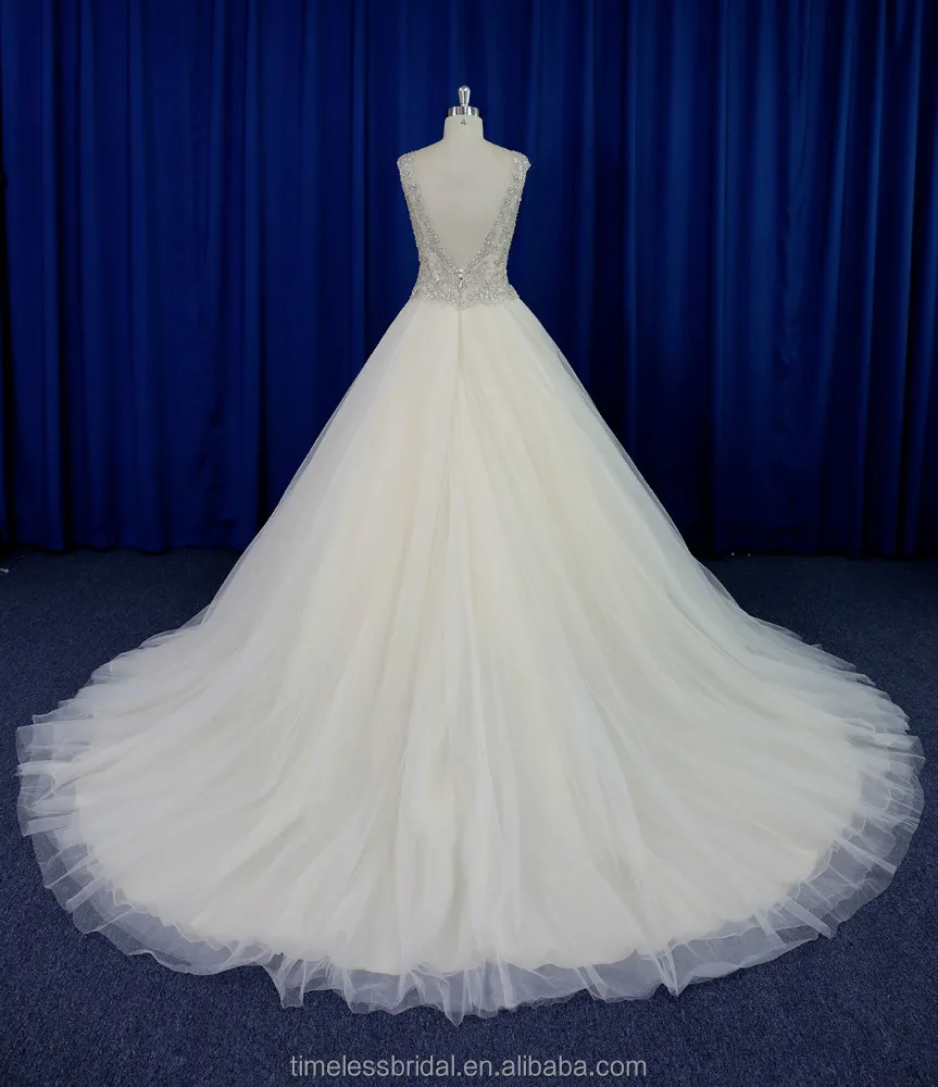 Exquisite embroidered bodice puffy champagne tulle skirt factory wedding dress