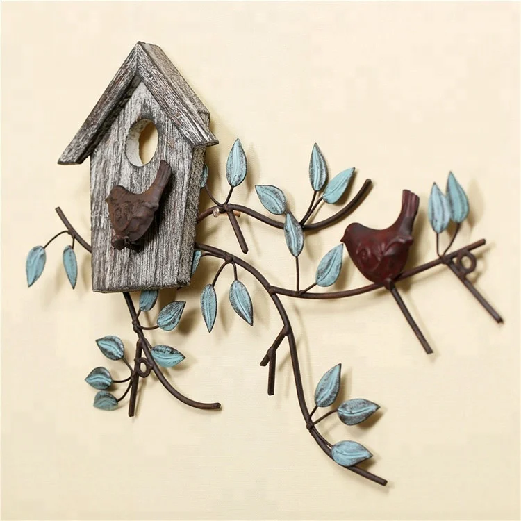 Metal bird branch birdhouse wall art