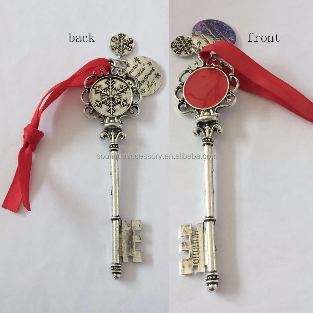 Античное серебро, персонализированный эмалированный диск, волшебные ключи Санты, ювелирные изделия в форме ключа, Рождественское украшение, ключ Санты