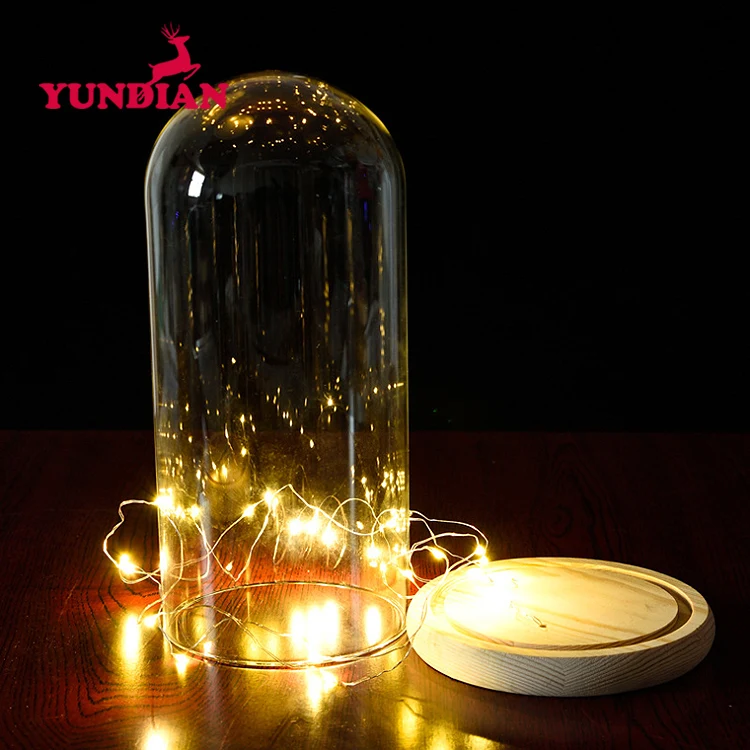 Wholesale Different Size Large Display Bell Cloche Jar Transparent Clear Glass Dome With Led Lights And Wood Base For Home Decor
