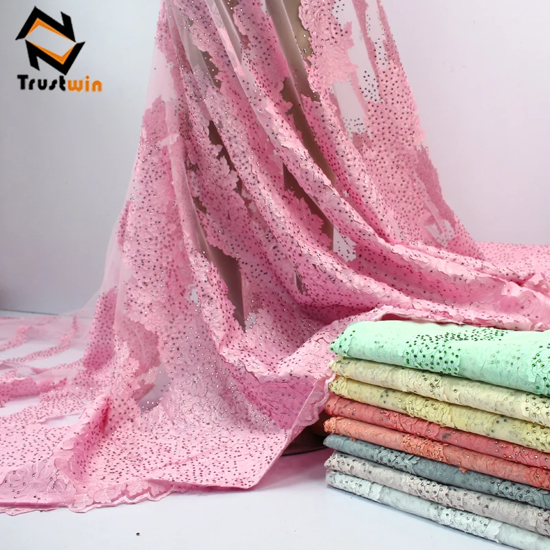 Bridal wedding material white lace with stones tulle fabric 3d lace