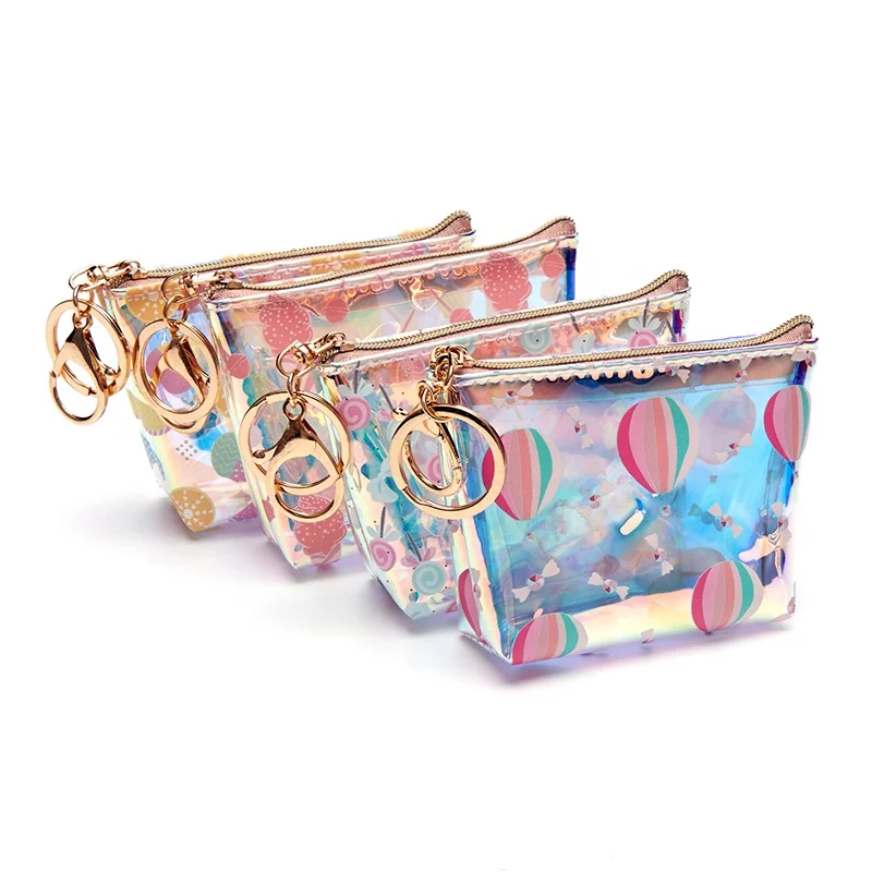 Factory Price Holographic Cosmetic Bag Coins Pouch Pencil Case Stationery Storage Organizer With Gold Key Chain