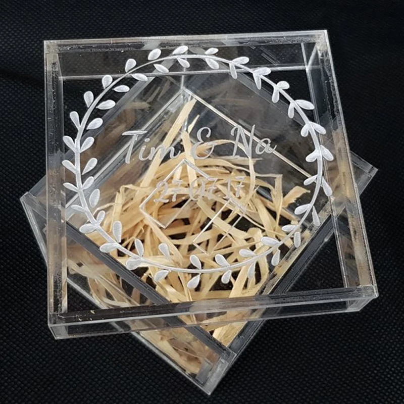 15 Years Factory Custom Rustic Clear Glass Look Acrylic Engagement Ring Bearer Box Holder Wedding Ring Box